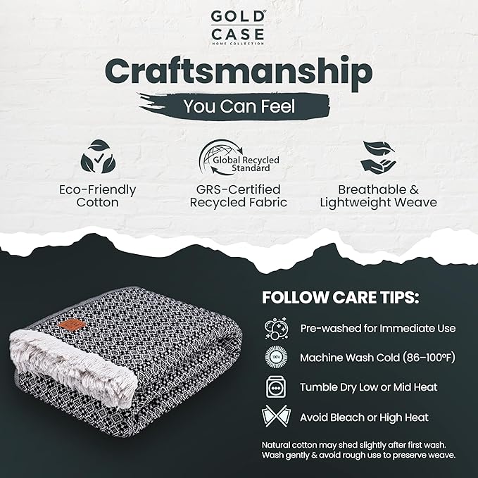 Gold Case Throw Blanket for Bed – 100% Recycled Turkish Cotton Bed Blanket – Decorative Throw Cotton Blankets for Living Room & Bedroom – Woven Twin Blankets - 71x90 - Black-Ruum Studio Home