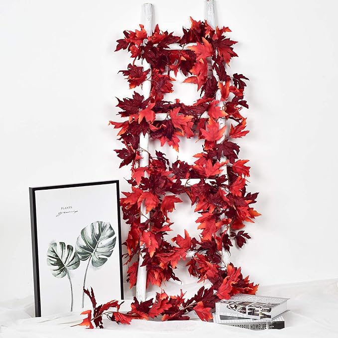 DearHouse 2 Pack Fall Garland Maple Leaf, 5.9Ft/Piece Hanging Vine Garland Artificial Autumn Foliage Garland Thanksgiving Decor for Home Wedding Fireplace Party Christmas (Dark Red)-Ruum Studio Home