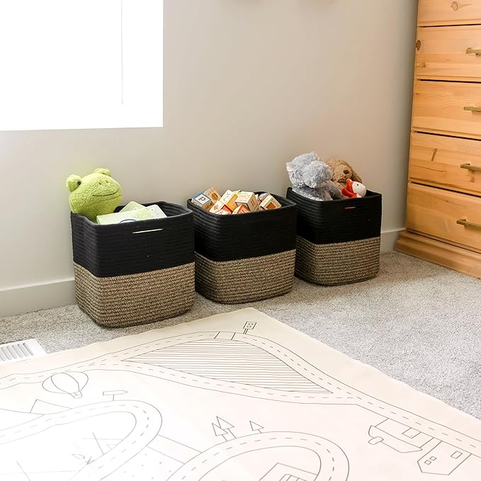 NaturalCozy 13 Inch Cube Storage Bins Cotton Rope Woven Baskets for Organizing 3-Pack | 13 x 13 Storage Cubes | Fabric Square Storage Baskets for Shelves Organizer, Kids Toy Bins, Closet Baby Nursery-Ruum Studio Home