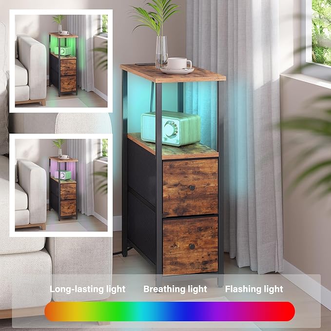 TUTOTAK Small Narrow LED End Table with Charging Station, Side Table Outlets, Nightstand with 2 Cloth Drawers, Couch Table, for Living Room, Bedroom, Bedside, Brown TB01BB085L-Ruum Studio Home