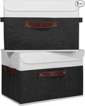 ANMINY 2PCS Storage Boxes with Lid Washable Decorative Storage Bins Basket with PU Leather Handle Foldable Linen Fabric Storage Cubes Containers for Home Closet Organizer - Black White, Large Size-Ruum Studio Home