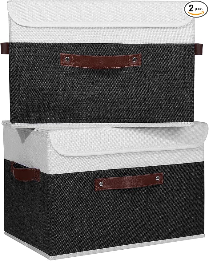 ANMINY 2PCS Storage Boxes with Lid Washable Decorative Storage Bins Basket with PU Leather Handle Foldable Linen Fabric Storage Cubes Containers for Home Closet Organizer - Black White, Large Size-Ruum Studio Home
