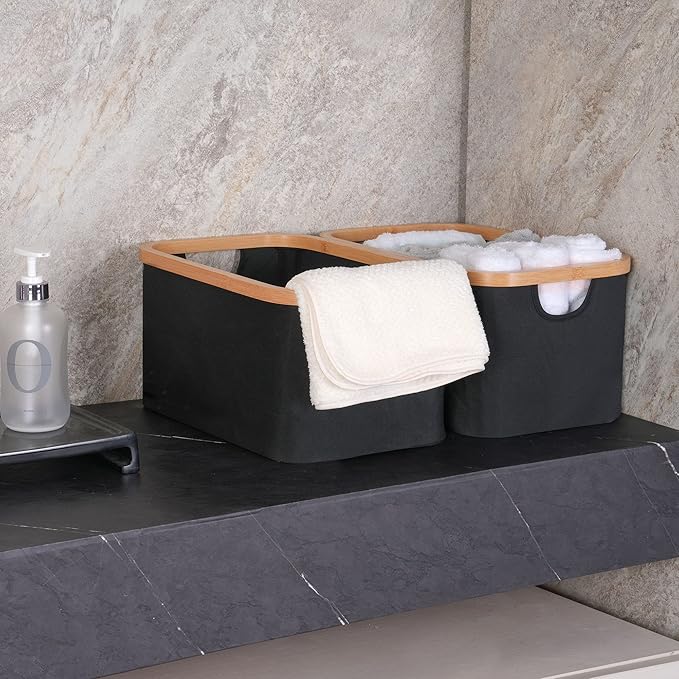 efluky Storage Baskets for Organizing, Fabric Storage Bins with Bamboo Handles, Collapsible Storage Baskets for Shelves and Closet, Black Set of 2-Ruum Studio Home