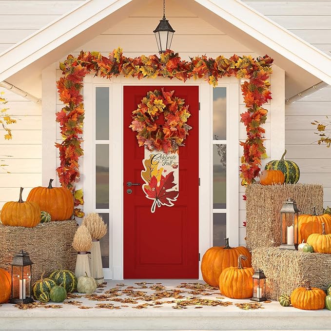 RECUTMS 2 Pack Fall Maple Garland - 5.8 FT/Pcs Autumn Hanging Fall Leave Vines for Home Garden Wedding Party Thanksgiving Dinner Fireplace Door Frame Doorway Backdrop Christmas Decor-Ruum Studio Home
