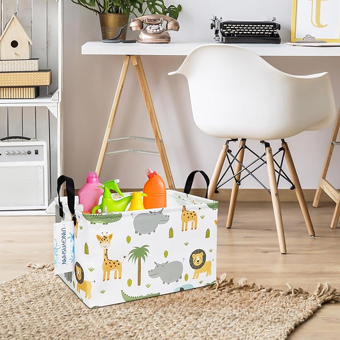 LANGYASHAN Rectangular Storage Bin Collapse Canvas Fabric Cartoon Storage Basket with Handles for Organizing Home Kitchen Boys and Girls Toys Office Closet Shelf Baskets (Rec animal)-Ruum Studio Home