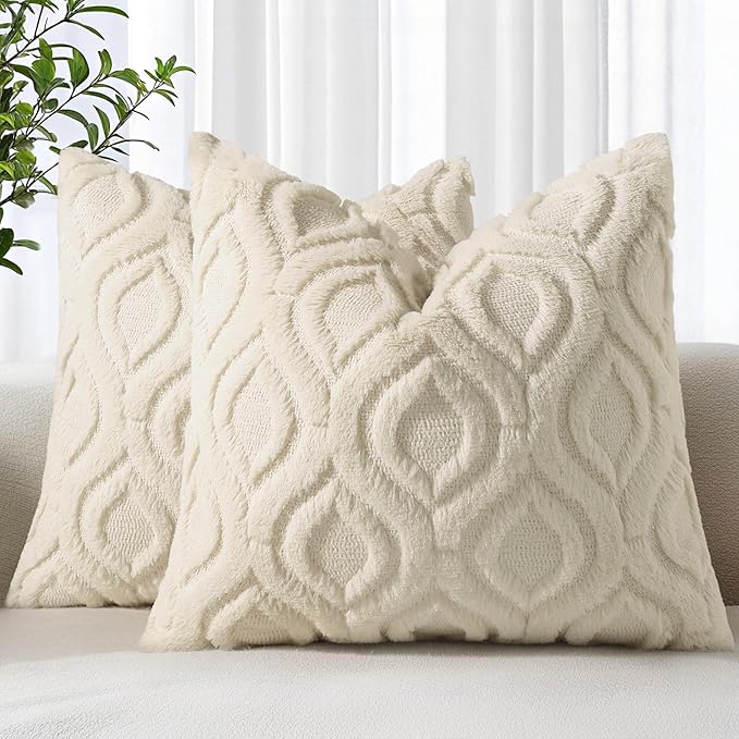 decorUhome Fall Throw Pillow Covers 26x26 Inch Set of 2, Soft Plush Decorative Faux Fur Beige Solid Couch Pillow Covers, Accent Farmhouse Neutral Square Euro Pillow Cases for Sofa Bed Living Room-Ruum Studio Home