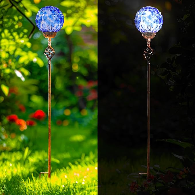 Garden Solar Lights, Decorative LED Honeycomb Glass Ball Garden Stake, Glass and Metal Outdoor Decoration, 4 x 31 Inch (Dark Blue)-Ruum Studio Home