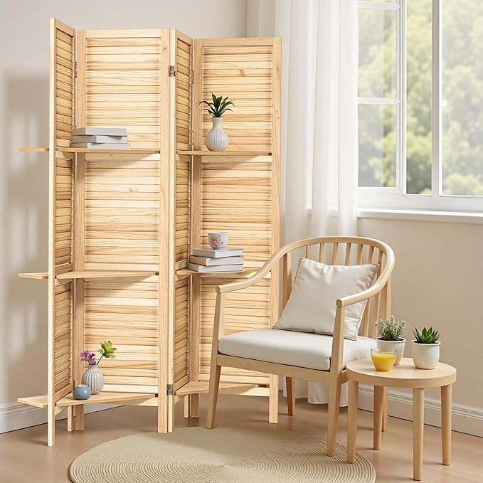 Osparple Room Divider with Shelves 4 Panel Wooden Folding Room Dividers Privacy Screen Wall Divider for Room Separation for Office and Apartment, Natural-Ruum Studio Home