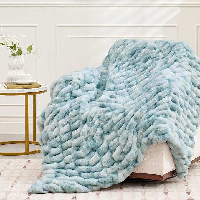 Ultra Soft Luxury Faux Fur Throw Blanket for Counch,Fuzzy Fluffy Plush Warm Cozy Elegant Wrinkled Blanket for Sofa Bedroom Living Room,（50"x60",Tie-dye Freshwater Blue）-Ruum Studio Home