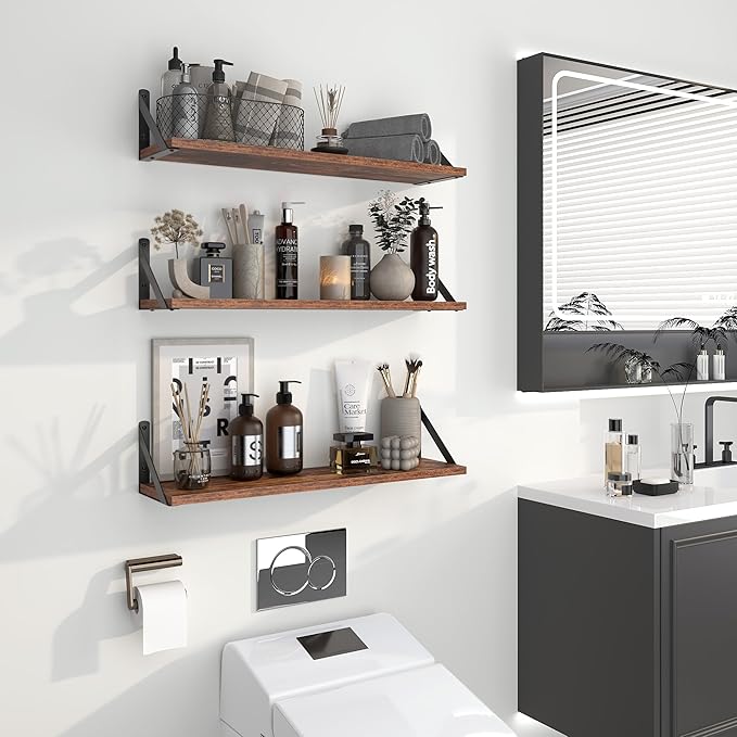 Heimlove Floating Shelves for Wall, 24 Inch Long Wood Floating Shelves Set of 3, Wall Mounted Hanging Shelf for Bathroom Bedroom Kitchen, Rustic Brown-Ruum Studio Home
