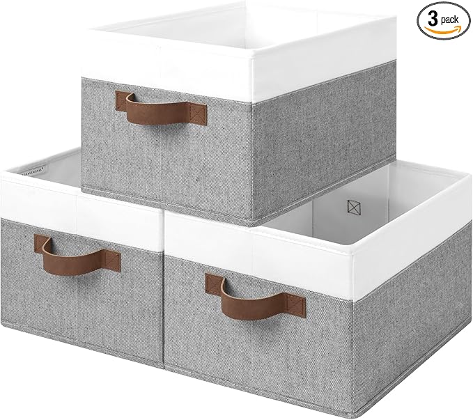 StorageWorks Storage Baskets for Shelves, Foldable Fabric Closet Storage Bins with Handles, Fabric Storage Bins Clothes Organizer, Gray and White, 3-Pack, Large-Ruum Studio Home
