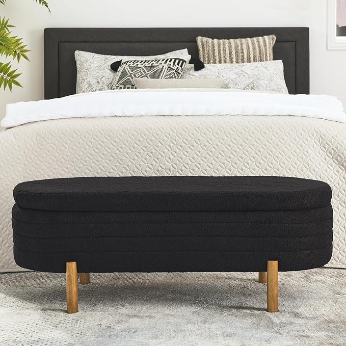 Furniliving 46” Storage Benches, End of Bed Bench with Button-Tufted Large Upholstered Storage Ottoman Teddy Window Bench with Storage Shoe Cabinet Bench, for Bedroom, Entryway, Closet, Black-Ruum Studio Home