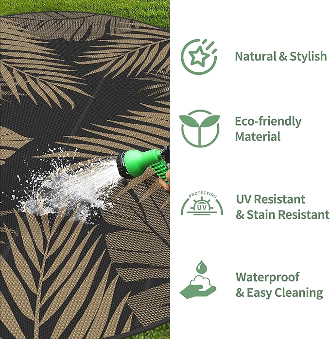 GENIMO Outdoor Rug 8' Round Waterproof for Patios Clearance, Reversible Outdoor Plastic Straw Camping Rug Carpet, Large Area Rugs Mats for RV, Camper, Deck, Balcony, Porch, Beach, Picnic, Black&Brown-Ruum Studio Home