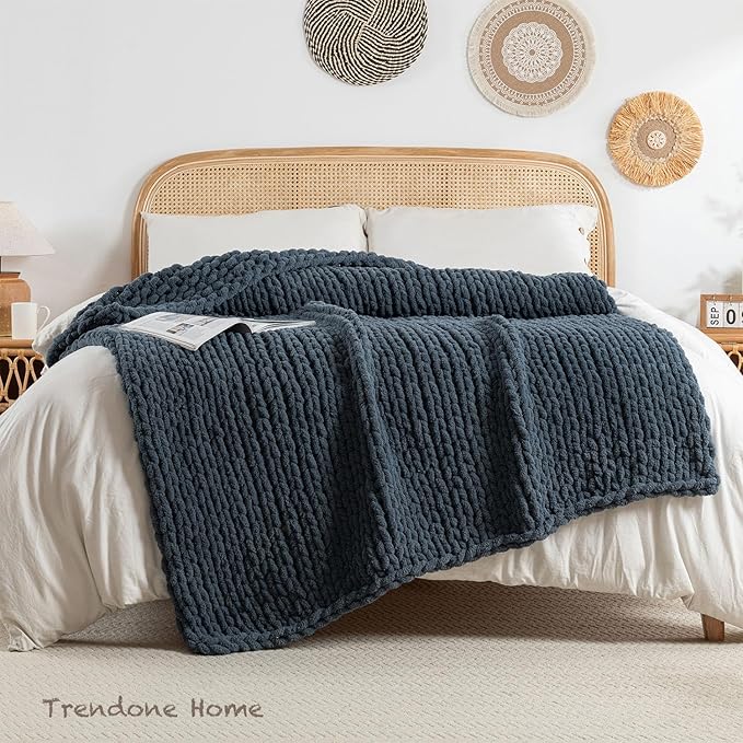 Chunky Knit Blanket Throw, 100% Hand Knit Throw Blanket Handmade Chenille Cable Knit Throw for Couch, Stylish Cozy Soft Rope Knot Crochet Blanket for Home Decor, Blue Mirage, 40x50 Inches-Ruum Studio Home
