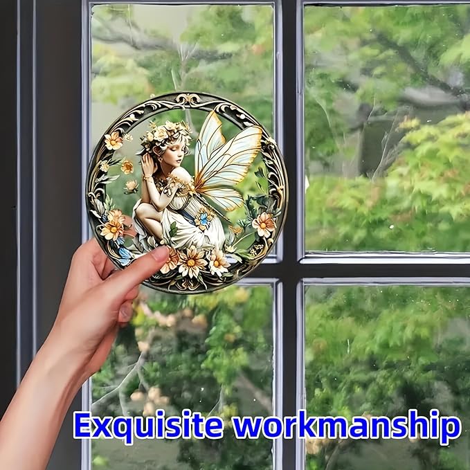 Flower Fairy Garden Decorations Angel Wing Christmas Halloween Deco Statue Art Elf Sculpture Hanging Craft for Outdoor Yard Courtyard Lawn Patio Window Acrylic Ornament Home Gift (A,S: 6*6 IN)-Ruum Studio Home