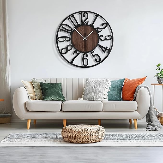 Maxstar Large Round Wall Clock for Living Room Decor Battery Operated Non Ticking Black Metal Wood Clocks for Home Living Room Garden Office Kitchen Decoration -40inch-Ruum Studio Home