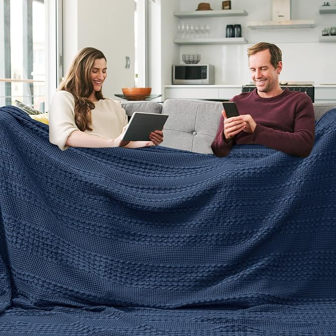 PHF 100% Cotton Waffle Blanket Oversized King 120"x120", Lightweight Breathable Extra Large 10'x10' Summer Blankets for Bed, Giant Big Luxury Aesthetic Woven Bedding for Home Decor, Bright Navy Blue-Ruum Studio Home