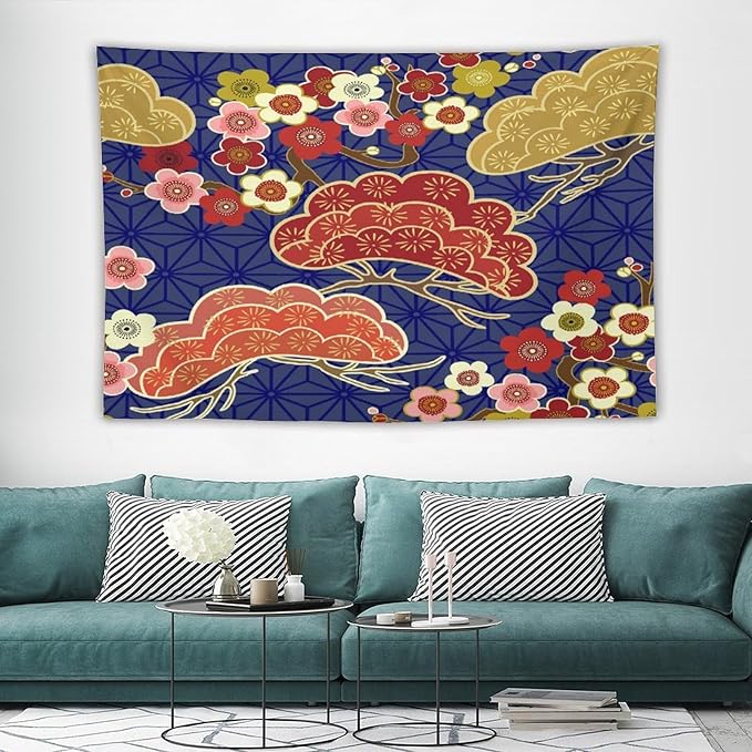 HZOHNAGO Japanese Tapestry Art Abstract Colorful Cherry Blossom Blue Background Pattern Printed Wall Tapestry Painting Wall Hanging for Bedroom Living Room Dorm 90" W x 60" H-Ruum Studio Home