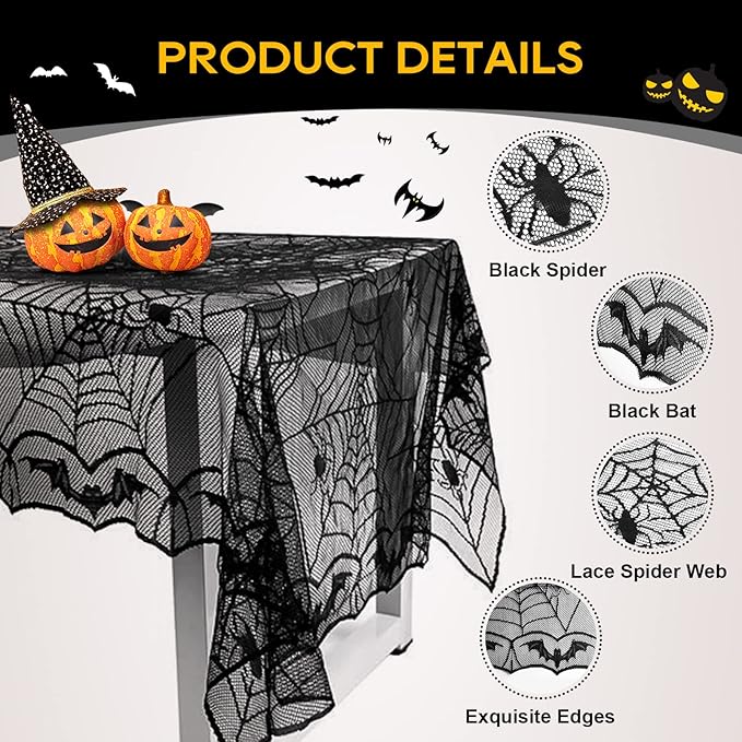 eZAKKA Halloween Table Cloth, Spider Web Table Cloth Black Tablecloth Lace Fabric Table Cloths Halloween Table Cover for Rectangle for Parties Gothic Spooky Home Decorations, 48x96 Inch-Ruum Studio Home
