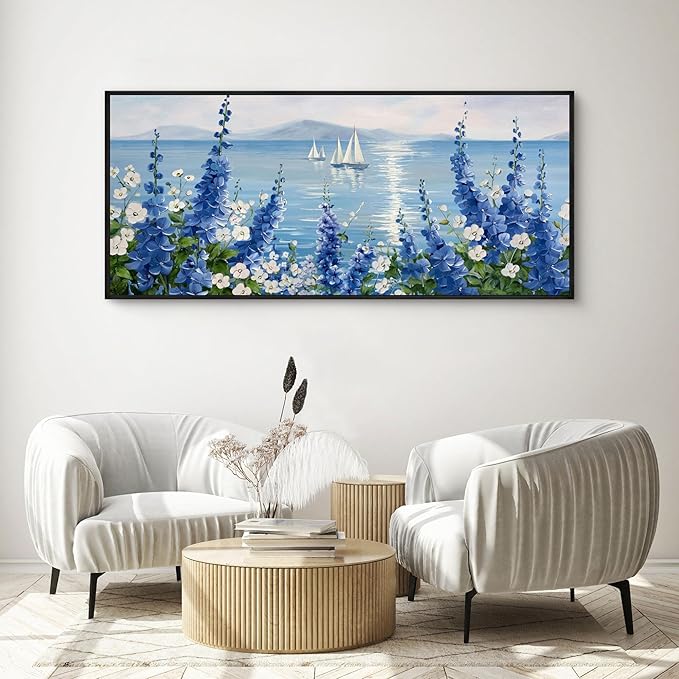 XLSJERST Large Sailboat Wall Art - Blue Canvas Abstract Painting Textured Picture Artwork Vintage Nautical Flower Painting Coastal Modern Print 70"x31" Frame for Living Room Bedroom Home Decoration-Ruum Studio Home