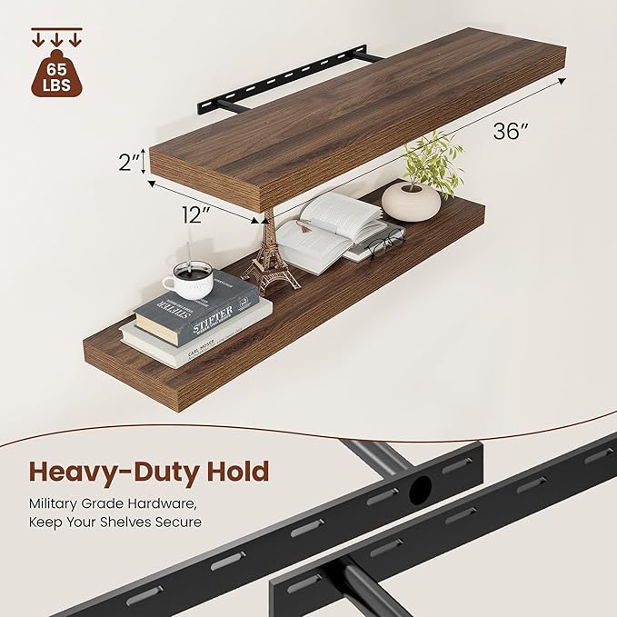 Wide Floating Shelves for Wall 12 Inch Deep, 36" X 12" X 2" Floating Shelf, 2 Inch Thick Shelf for Bathroom Bedroom Kitchen Book Room, Heavy Duty 65lbs Shelves for Farmhouse Decor Set of 2, Walnut-Ruum Studio Home