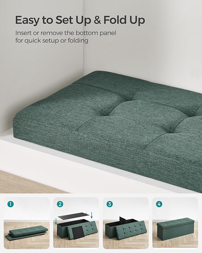 SONGMICS MAZIE Collection - 43 Inches Folding Storage Ottoman Bench, Ottoman Foot Rest, End of Bed Bench, Storage Chest, Load 660 lb, for Living Room, Bedroom, Entryway, Retro Green ULSF077C01-Ruum Studio Home