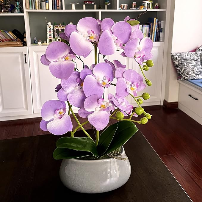 SJC Orchids Artificial Flowers with Gray Vase Purple Faux Orchid Phalaenopsis Arrangements for Kitchen Table Centerpiece Home Decoration Indoor(3.54" D x 7.87" W x 20" H)-Ruum Studio Home