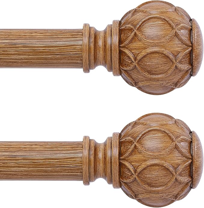 2 Pack Wood Curtain Rods for Windows 48 to 84 Inch(4-7ft),1 Inch Adjustable Curtain Rod,Heavy Duty Curtain Rods,Wooden Netted Texture Drapery Rods,Single Window Curtain Rod 36-88",Brown Wood-Ruum Studio Home