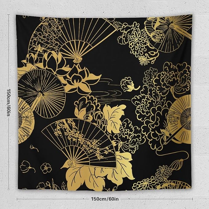 HZOHNAGO Japanese Tapestry Gold Flowers Umbrella Fan Pattern Printed Wall Tapestry Painting Wall Hanging for Bedroom Living Room Dorm 60" W x 60" H-Ruum Studio Home