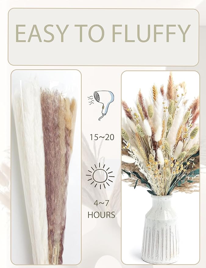 126pcs Dried Pampas Grass Decorations, Dried Flowers, Dried Bouquet in Vase, Reed Grass Bouquet for Boho Floral Wedding, Rustic Farmhouse Decor. (Vase Not Included)-Ruum Studio Home
