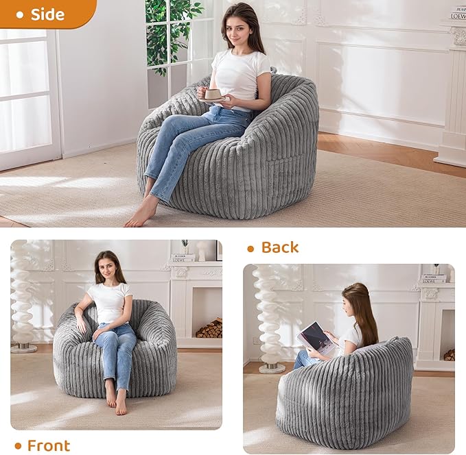 BYBYME Giant Bean Bag Chair for Adults and Kids, Large Comfy Cozy Beanbag, Floor Sofa for Teens, Living Room, Gaming, Reading, Grey-Ruum Studio Home