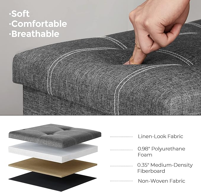 SONGMICS Mazie Collection - 30 Inches Ottoman Storage Bench, 21 Gal. Folding Chest with Breathable Linen-Look Fabric, Load up to 660 lb, for Entryway, Living Room, Bedroom, Dark Gray ULSF001G01-Ruum Studio Home