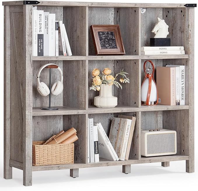 9 Cube Bookcase, Farmhouse 47 Inch Wide Grey Oak Bookshelf, Wooden 3 Tier Display Large Open Book Shelf, Vintage Horizontal Book Case for Home Office, Cubby Storage Cabinet for Living Room-Ruum Studio Home