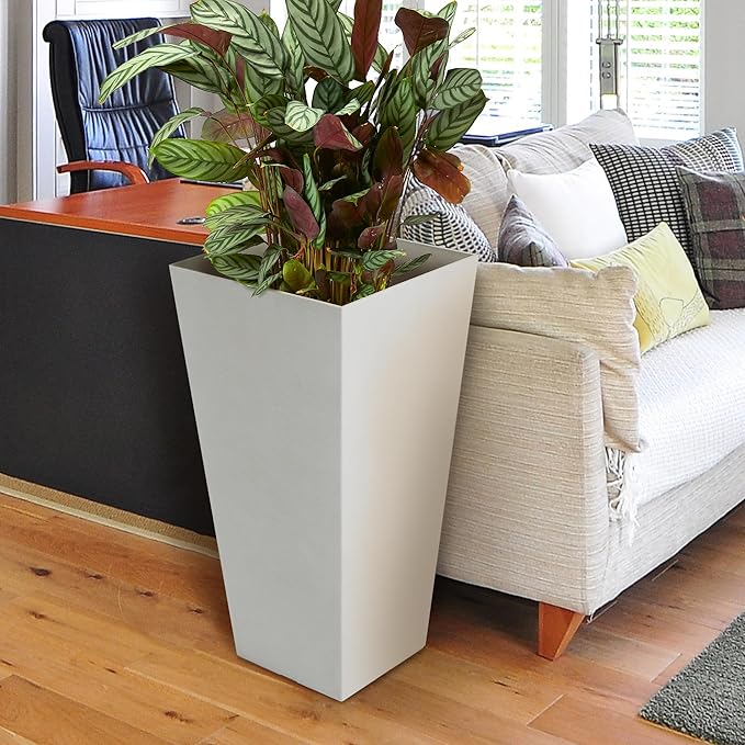 Worth Garden 2-Pack White Matte Texture Square Tapered Planter - 25.5" H. Tall Plastic Plant Pots with Drain Hole for Indoor Outdoor - Modern Decorative Flower Pots for Front Porch, Patio, Deck-Ruum Studio Home