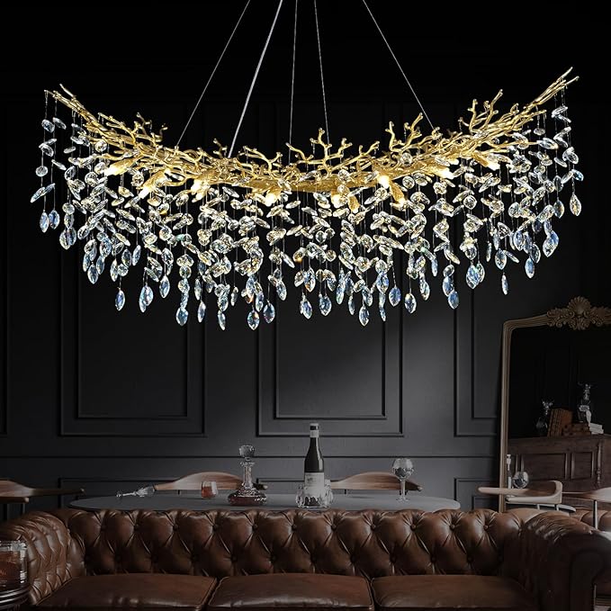 Modern Crystal Gold Chandelier, 55" Large Rectangular Oval Tree Branch Crystal Chandeliers for Dining Room,16-Light Flush Mount K9 Crystal Chandeliers, for Kitchen Island,Dining Room-Ruum Studio Home