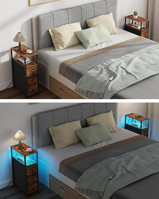 TUTOTAK Narrow LED Night Stand with Charging Station, Slim End Table with Plugins, Tall Side Table with 3 Fabric Drawer, Small Bedside Table with Storage, for Living Room, Brown TB01BB086L-Ruum Studio Home