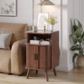 Alohappy Mid Century Modern End Table with Sliding Tambour Door, Fluted Wood Nightstand, Curved Round Edge Side Table with Storage Cabinet for Bedroom, Living Room, Walnut-Ruum Studio Home