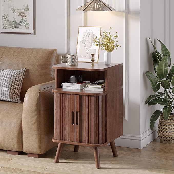 Alohappy Mid Century Modern End Table with Sliding Tambour Door, Fluted Wood Nightstand, Curved Round Edge Side Table with Storage Cabinet for Bedroom, Living Room, Walnut-Ruum Studio Home