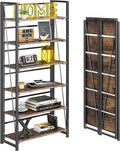 4NM No Assembly Foldable Bookshelf, 6-Shelf Collapsible Bookcase Storage for Small Spaces, 74" H, Rustic Brown and Black-Ruum Studio Home