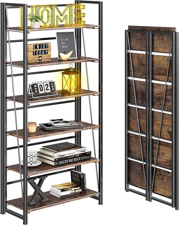 4NM No Assembly Foldable Bookshelf, 6-Shelf Collapsible Bookcase Storage for Small Spaces, 74" H, Rustic Brown and Black-Ruum Studio Home