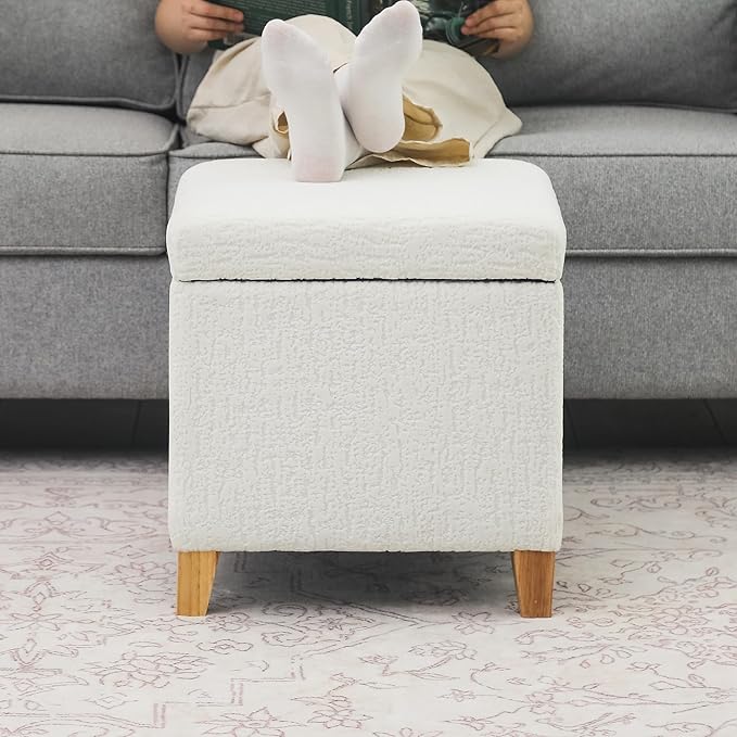 Adeco 18 Inch High Faux Fur White Cube Ottoman Storage, 3D Embossed Velvet Chair Foot Stools, Upholstered Vanity Stool with Hinged Lid, Solid Wood Legs-Ruum Studio Home
