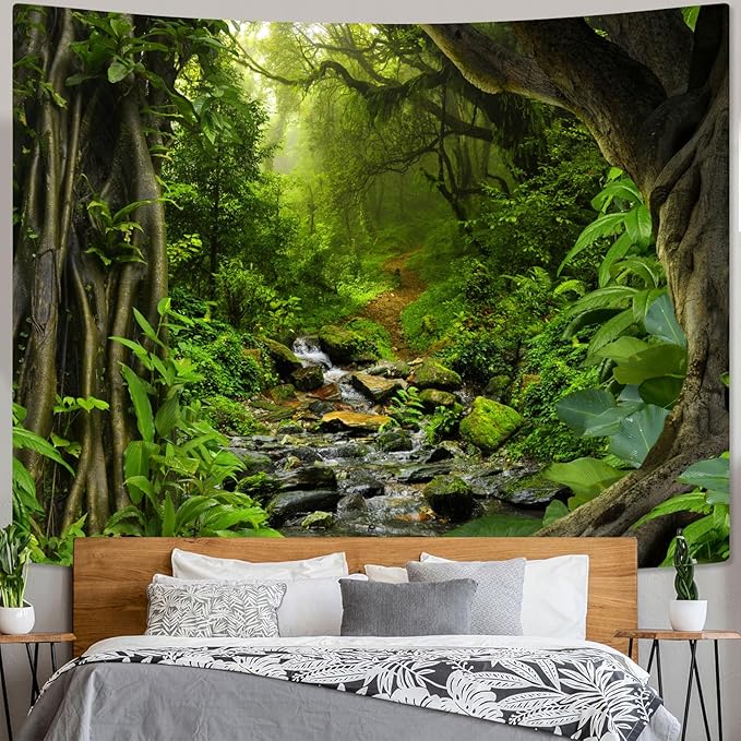 AMM Green Rainforest Tapestry Nature Forest Tapestry for Bedroom Aesthetic Misty Tropical Jungle Trees Flowing Stream Landscape Tapestries Wall Hanging for Living Room Dorm 90 x 68 Inch-Ruum Studio Home