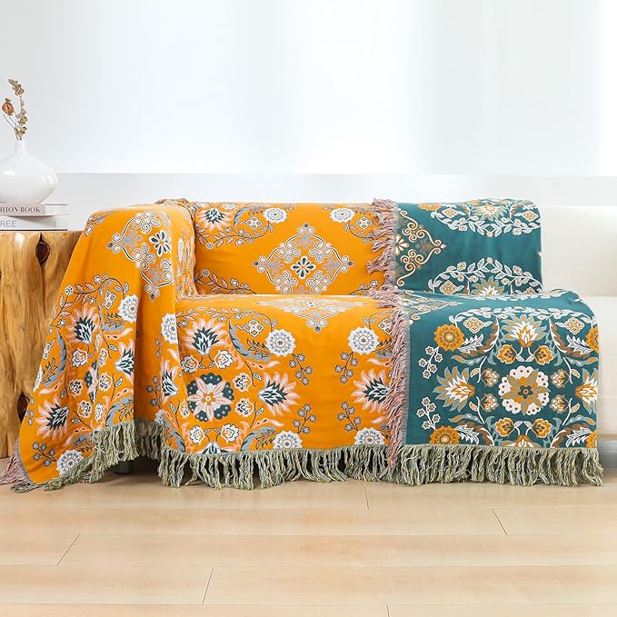 Boho Throw Blanket for Bed,100% Cotton Ultra Soft Lightweight Muslin 4-Layer Breathable Woven Throws 80''x 90'' Blanket Yellow Floral Printed Farmhouse Decor Bed Blankets-Ruum Studio Home