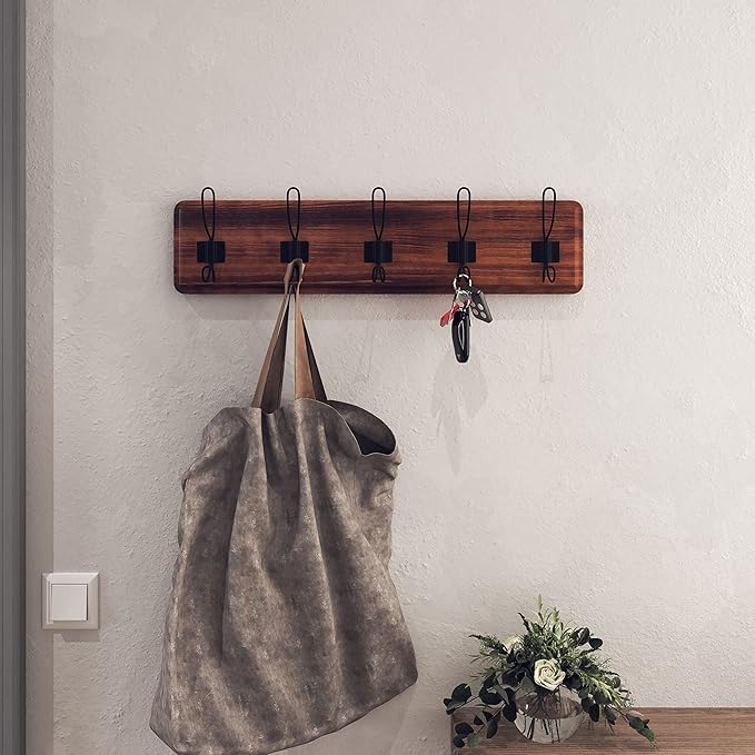 HBCY Creations Dark Wash Brown Rustic Coat Rack Wall Mount with 5 Hooks, Solid Pine Wood 24 inch Wall Hooks for Entryway, Mudroom, Hallway, Bathroom - Vintage Farmhouse Style Wall Mounted Towel Rack-Ruum Studio Home