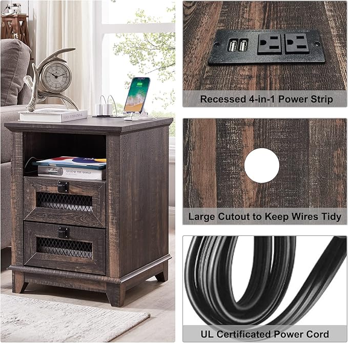 OKD Nightstand with Charging Station, 18'' Industrial & Farmhouse End Table with 2 Drawers & Open Cubby, Rustic Mesh Drawer Sofa Side Table w/Storage for Bedroom, Living Room, Office, Dark Rustic Oak-Ruum Studio Home