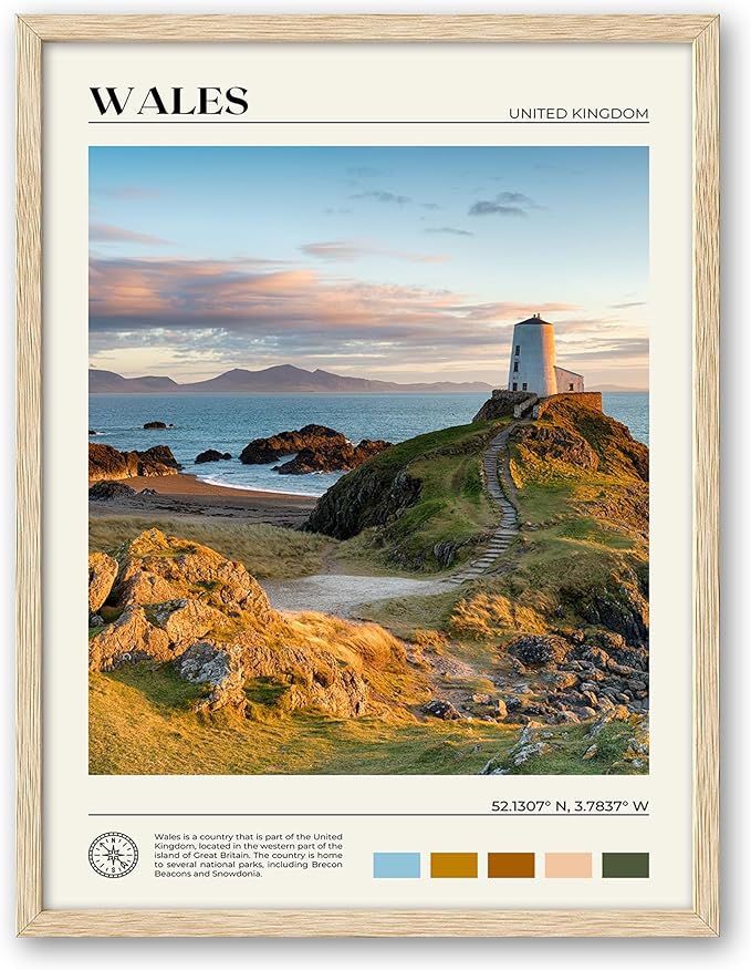 HesenDot Natural OAK Wood Framed Wales Wall Art,12x16in Tŵr Mawr Lighthouse Seascape Canvas Wall Print Posters, Classic Urban Landmark Wall Decor for Living Room, Bedroom, Office Gallery Set of 1-Ruum Studio Home