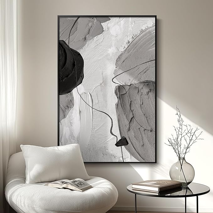 Large Framed Black and White Modern Abstract Vertical Wall Art for Living Room, Canvas Prints Paintings Artwork for Walls, Minimalist Gray Pictures for Hallway Stair Office Wall Decor 40x60 In-Ruum Studio Home
