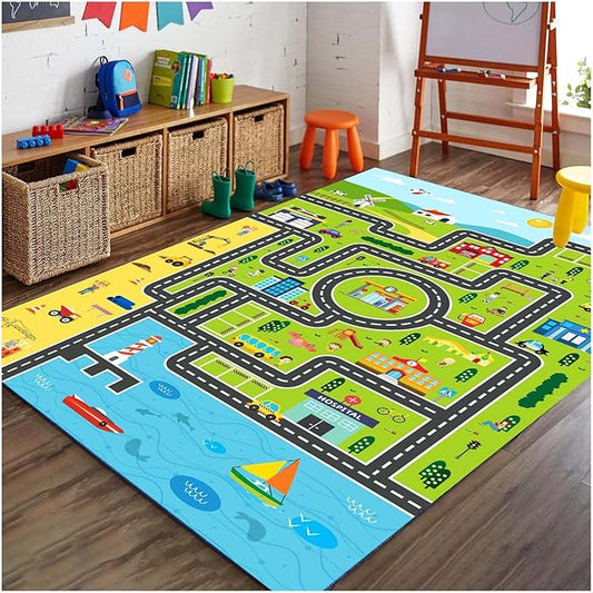 Kids Rug Playroom Car Rug Play Mat City Life Road Rugs Fun City Map for Kids Toy Cars Carpet for Bedroom Boys (Green-Rug, 5.2x7.9ft)-Ruum Studio Home