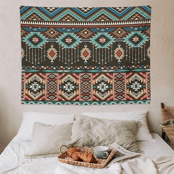 HZOHNAGO Aztec Tapestry Turquoise Blue and Brown and Native American Tribal Pattern Printed Wall Tapestry Wall Hanging for Bedroom Living Room Dorm 80" W x 60" H-Ruum Studio Home