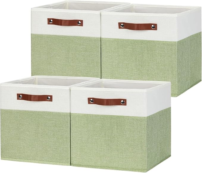 HNZIGE Fabric Storage Cubes for Shelves Set of 4 ,Storage Cubes Baskets 12 x12, Decorative Storage Bins Basket with Handles, Green Baskets for Organizing Home Nursery(Green White)-Ruum Studio Home